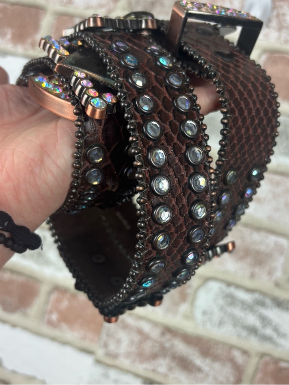 Nocona N3417002 Brown Calf Hair Leather Studded Iridescent Rhinestone Belt Large - Picture 3 of 12